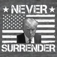 Never Surrender Trump American Flag 7 Panel Mesh Trucker Snapback Hat