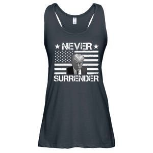 Never Surrender Trump American Flag Ladies Essential Flowy Tank