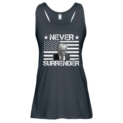 Never Surrender Trump American Flag Ladies Essential Flowy Tank