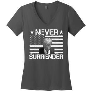 Never Surrender Trump American Flag Women's V-Neck T-Shirt