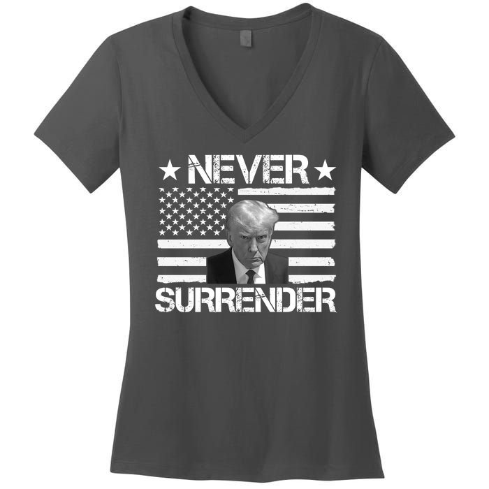 Never Surrender Trump American Flag Women's V-Neck T-Shirt