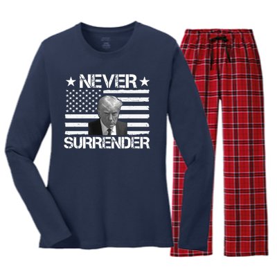 Never Surrender Trump American Flag Women's Long Sleeve Flannel Pajama Set 