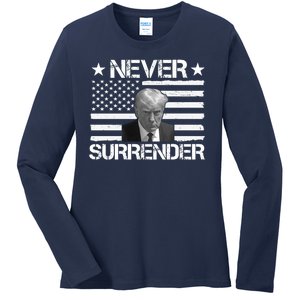 Never Surrender Trump American Flag Ladies Long Sleeve Shirt