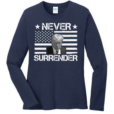 Never Surrender Trump American Flag Ladies Long Sleeve Shirt