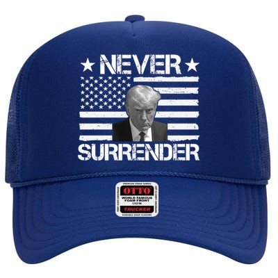 Never Surrender Trump American Flag High Crown Mesh Back Trucker Hat