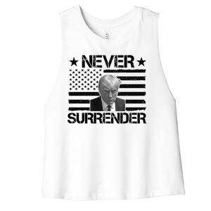 Never Surrender Trump American Flag Women's Racerback Cropped Tank