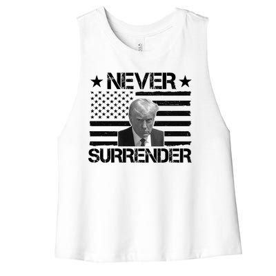 Never Surrender Trump American Flag Women's Racerback Cropped Tank