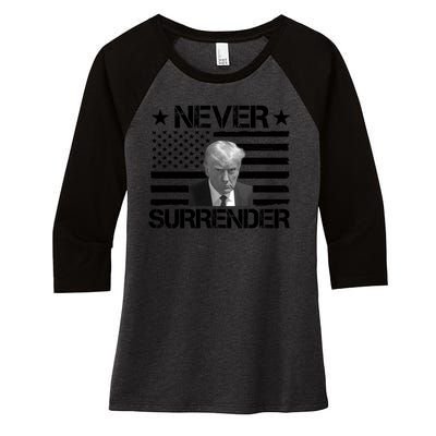 Never Surrender Trump American Flag Women's Tri-Blend 3/4-Sleeve Raglan Shirt