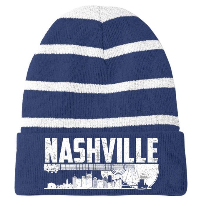 Nashville Skyline Tennessee Country Music Guitar Player Striped Beanie with Solid Band