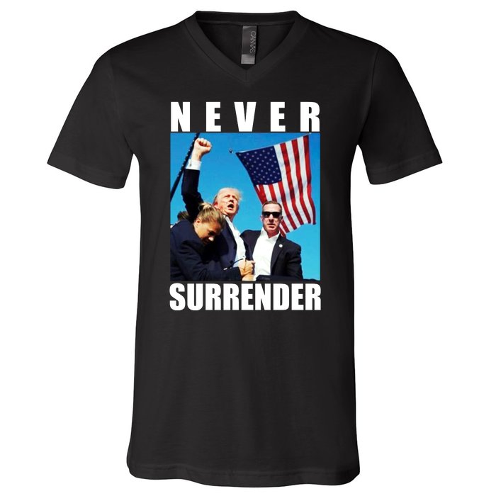 Never Surrender Trump 2024 Pennsylvania Rally Shooting V-Neck T-Shirt