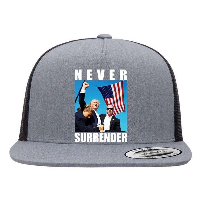 Never Surrender Trump 2024 Pennsylvania Rally Shooting Flat Bill Trucker Hat