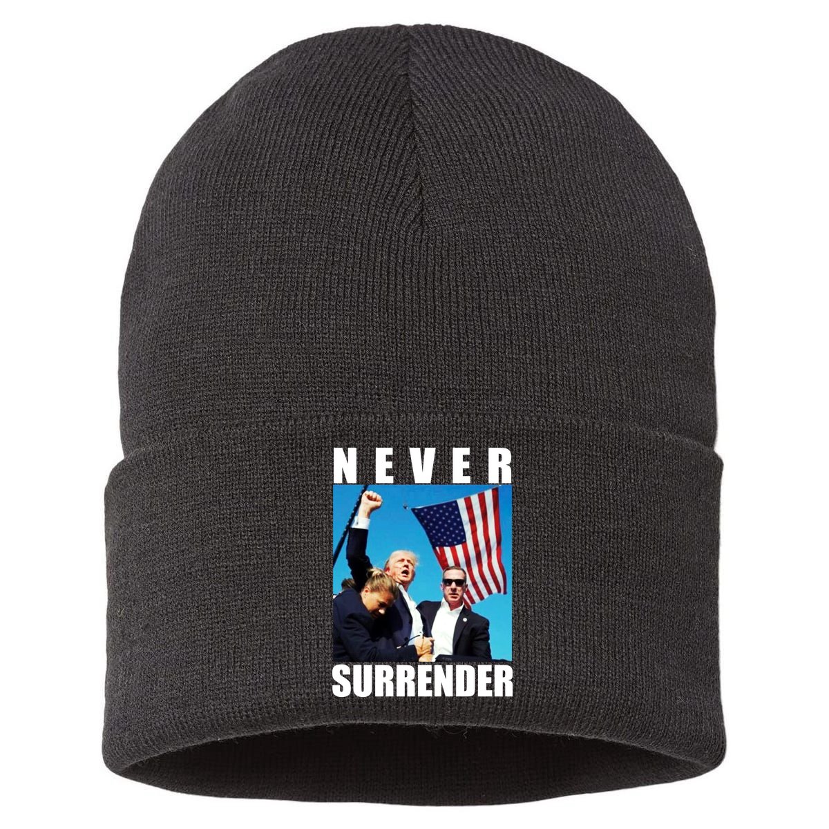 Never Surrender Trump 2024 Pennsylvania Rally Shooting Sustainable Knit Beanie