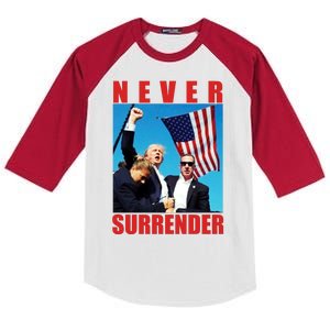 Never Surrender Trump 2024 Pennsylvania Rally Shooting Kids Colorblock Raglan Jersey