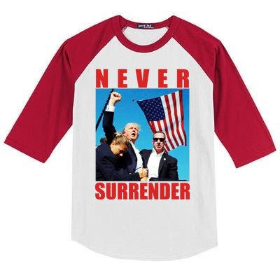 Never Surrender Trump 2024 Pennsylvania Rally Shooting Kids Colorblock Raglan Jersey