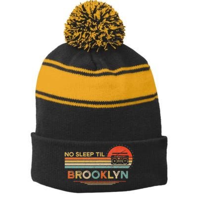 No Sleep Til Brooklyn Old School Portable Stereo Retro Stripe Pom Pom Beanie