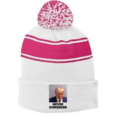 Never Surrender Trump Mugshot 47 2024 President Stripe Pom Pom Beanie