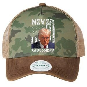 Never Surrender Trump Mug Shot 2024 American Flag Wo Legacy Tie Dye Trucker Hat