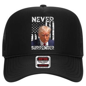 Never Surrender Trump Mug Shot 2024 American Flag Wo High Crown Mesh Back Trucker Hat