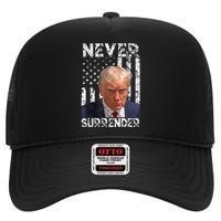 Never Surrender Trump Mug Shot 2024 American Flag Wo High Crown Mesh Back Trucker Hat