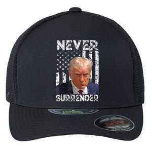 Never Surrender Trump Mug Shot 2024 American Flag Wo Flexfit Unipanel Trucker Cap