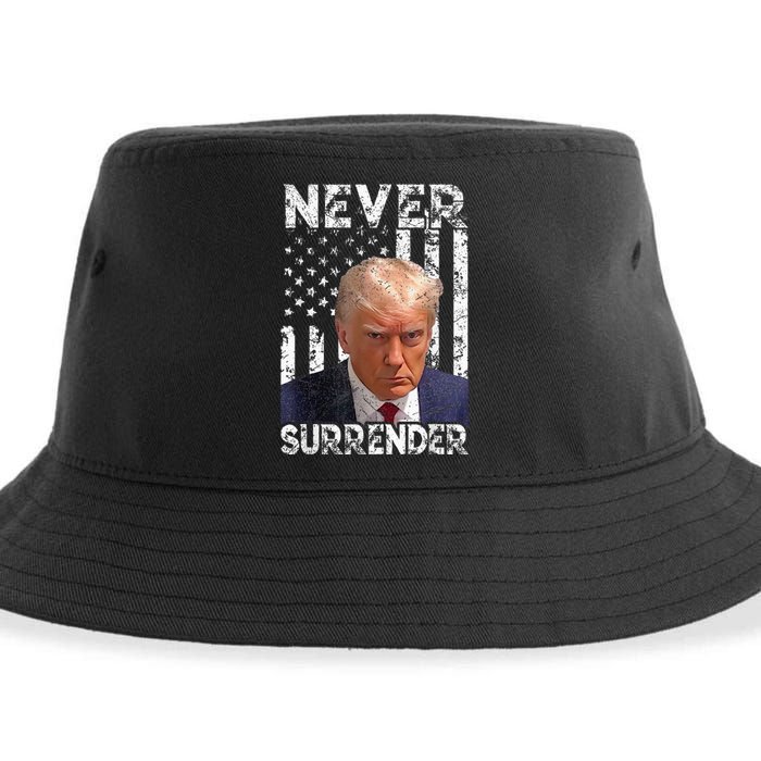 Never Surrender Trump Mug Shot 2024 American Flag Wo Sustainable Bucket Hat