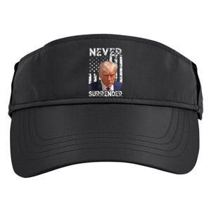 Never Surrender Trump Mug Shot 2024 American Flag Wo Adult Drive Performance Visor