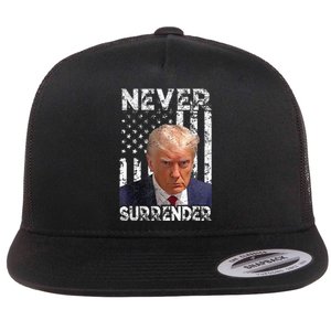 Never Surrender Trump Mug Shot 2024 American Flag Wo Flat Bill Trucker Hat