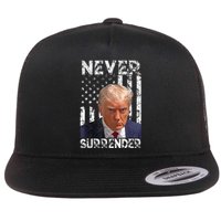 Never Surrender Trump Mug Shot 2024 American Flag Wo Flat Bill Trucker Hat