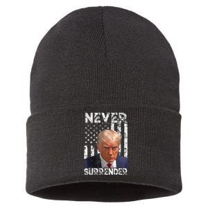 Never Surrender Trump Mug Shot 2024 American Flag Wo Sustainable Knit Beanie