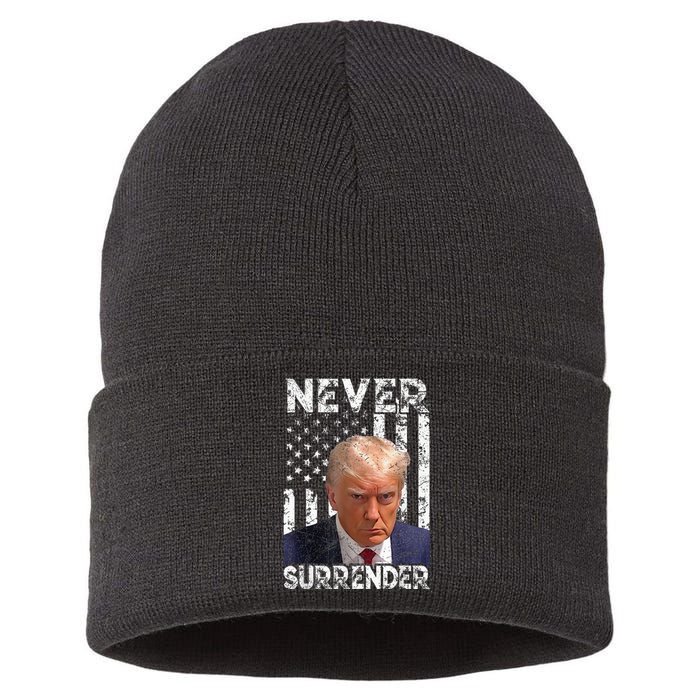 Never Surrender Trump Mug Shot 2024 American Flag Wo Sustainable Knit Beanie