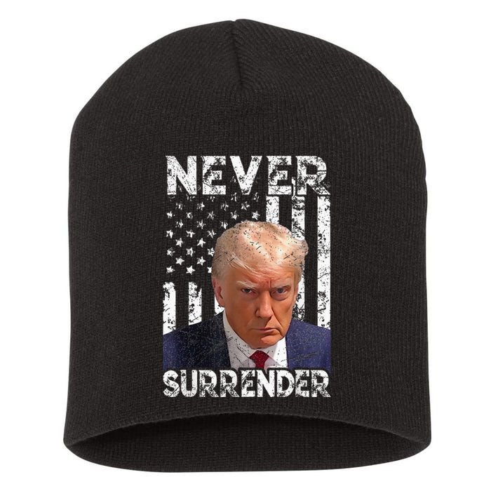 Never Surrender Trump Mug Shot 2024 American Flag Wo Short Acrylic Beanie