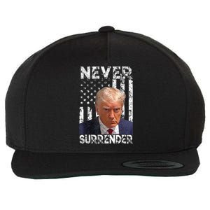 Never Surrender Trump Mug Shot 2024 American Flag Wo Wool Snapback Cap