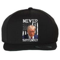 Never Surrender Trump Mug Shot 2024 American Flag Wo Wool Snapback Cap