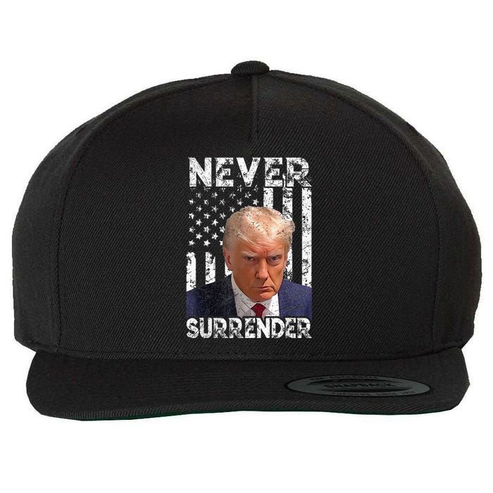 Never Surrender Trump Mug Shot 2024 American Flag Wo Wool Snapback Cap