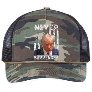 Never Surrender Trump Mug Shot 2024 American Flag Wo Retro Rope Trucker Hat Cap