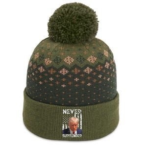 Never Surrender Trump Mug Shot 2024 American Flag Wo The Baniff Cuffed Pom Beanie