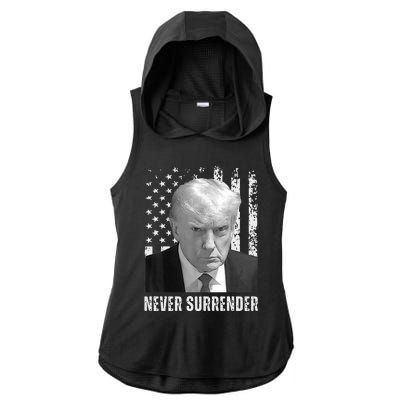 Never Surrender Trump Mugshot Ladies PosiCharge Tri-Blend Wicking Draft Hoodie Tank