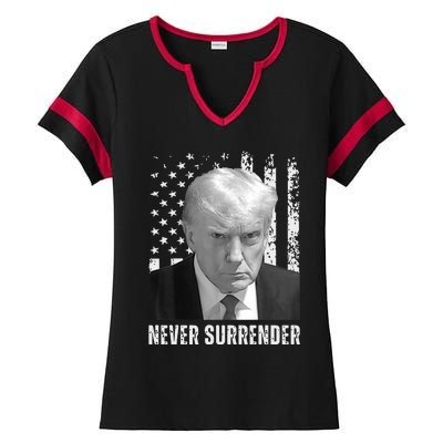 Never Surrender Trump Mugshot Ladies Halftime Notch Neck Tee