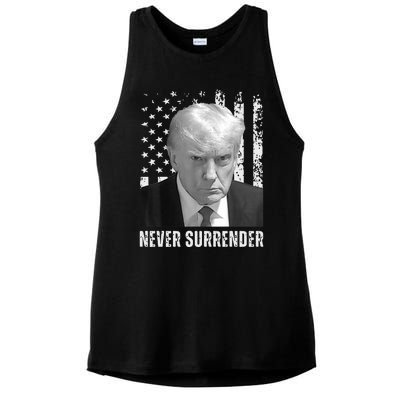 Never Surrender Trump Mugshot Ladies PosiCharge Tri-Blend Wicking Tank