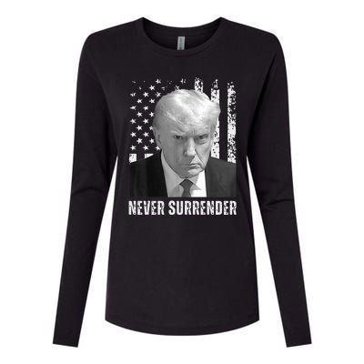 Never Surrender Trump Mugshot Womens Cotton Relaxed Long Sleeve T-Shirt