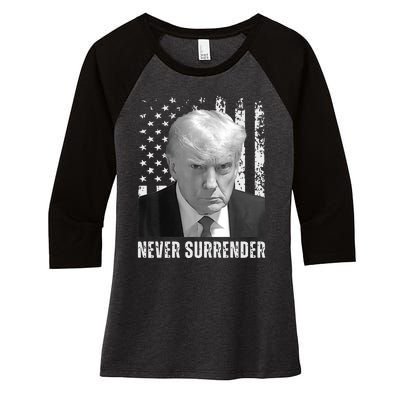 Never Surrender Trump Mugshot Women's Tri-Blend 3/4-Sleeve Raglan Shirt