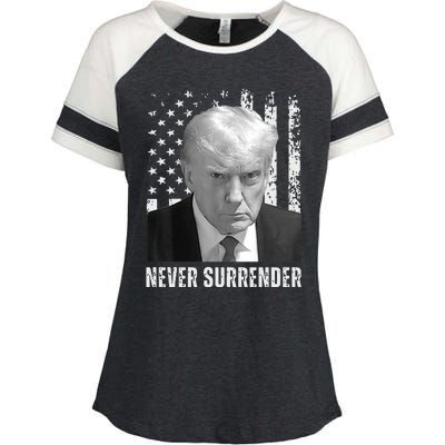 Never Surrender Trump Mugshot Enza Ladies Jersey Colorblock Tee