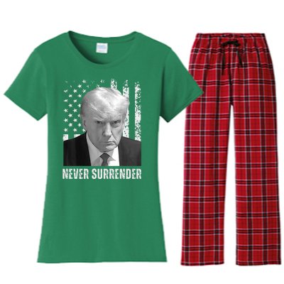 Never Surrender Trump Mugshot Women's Flannel Pajama Set