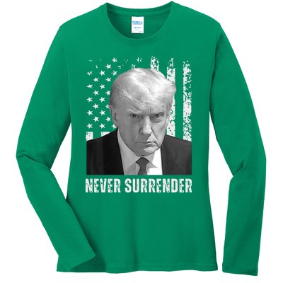 Never Surrender Trump Mugshot Ladies Long Sleeve Shirt