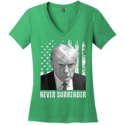 Never Surrender Trump Mugshot Women's V-Neck T-Shirt