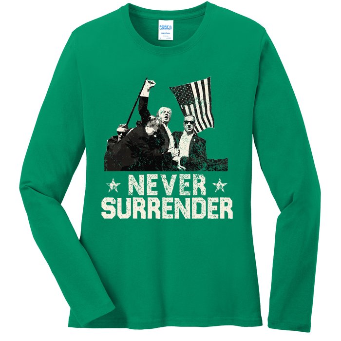 Never Surrender Trump 2024 Ladies Long Sleeve Shirt