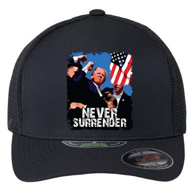 Never Surrender Trump Rushed Offstage With Blood Shooting Flexfit Unipanel Trucker Cap