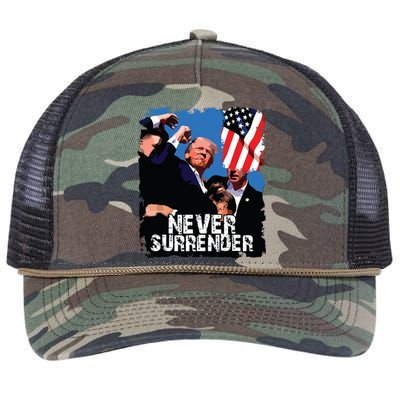 Never Surrender Trump Rushed Offstage With Blood Shooting Retro Rope Trucker Hat Cap