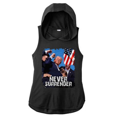 Never Surrender Trump Rushed Offstage With Blood Shooting Ladies PosiCharge Tri-Blend Wicking Draft Hoodie Tank