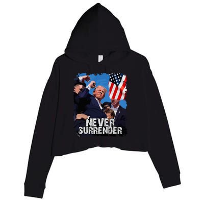 Never Surrender Trump Rushed Offstage With Blood Shooting Crop Fleece Hoodie